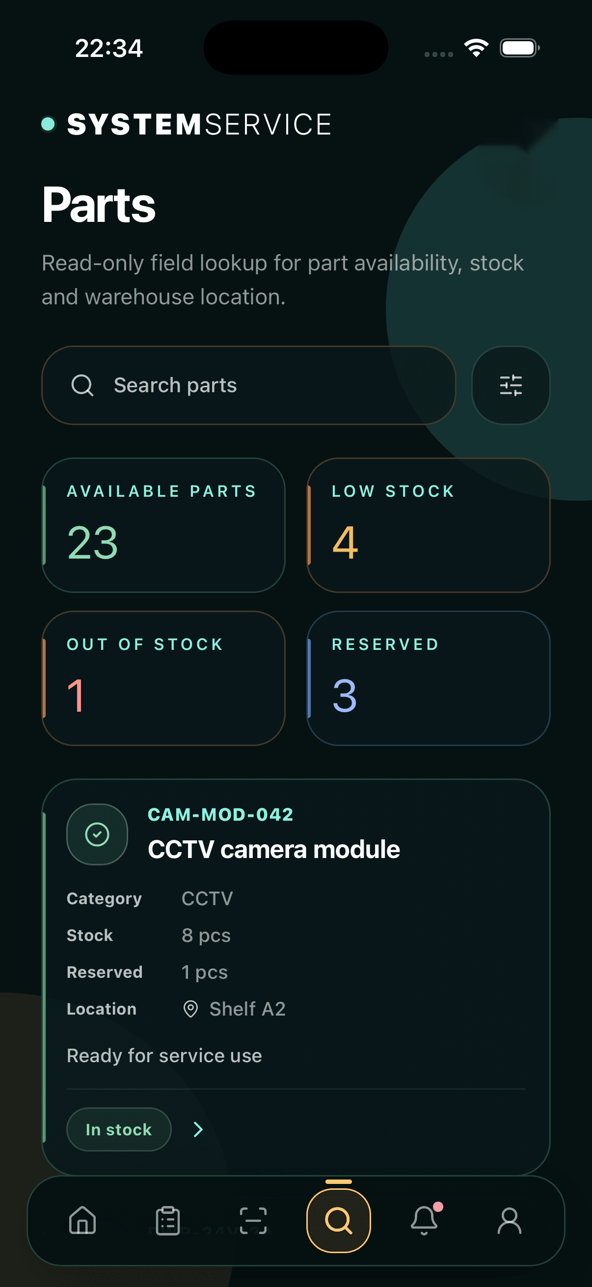 SystemService Mobile parts screen