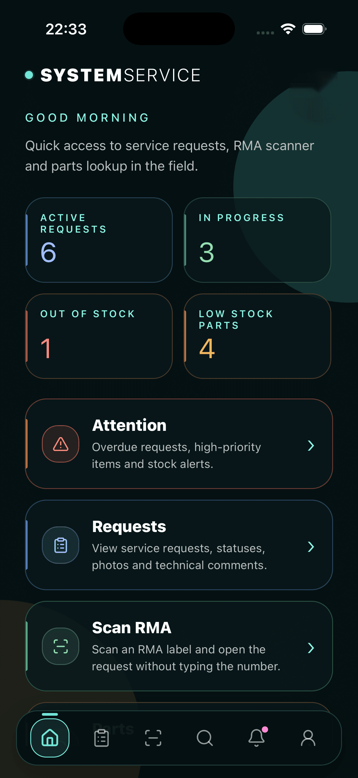 SystemService Mobile dashboard screen
