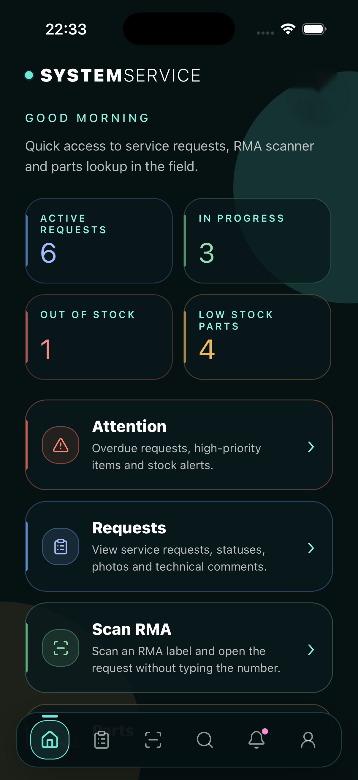 SystemService Mobile dashboard screen